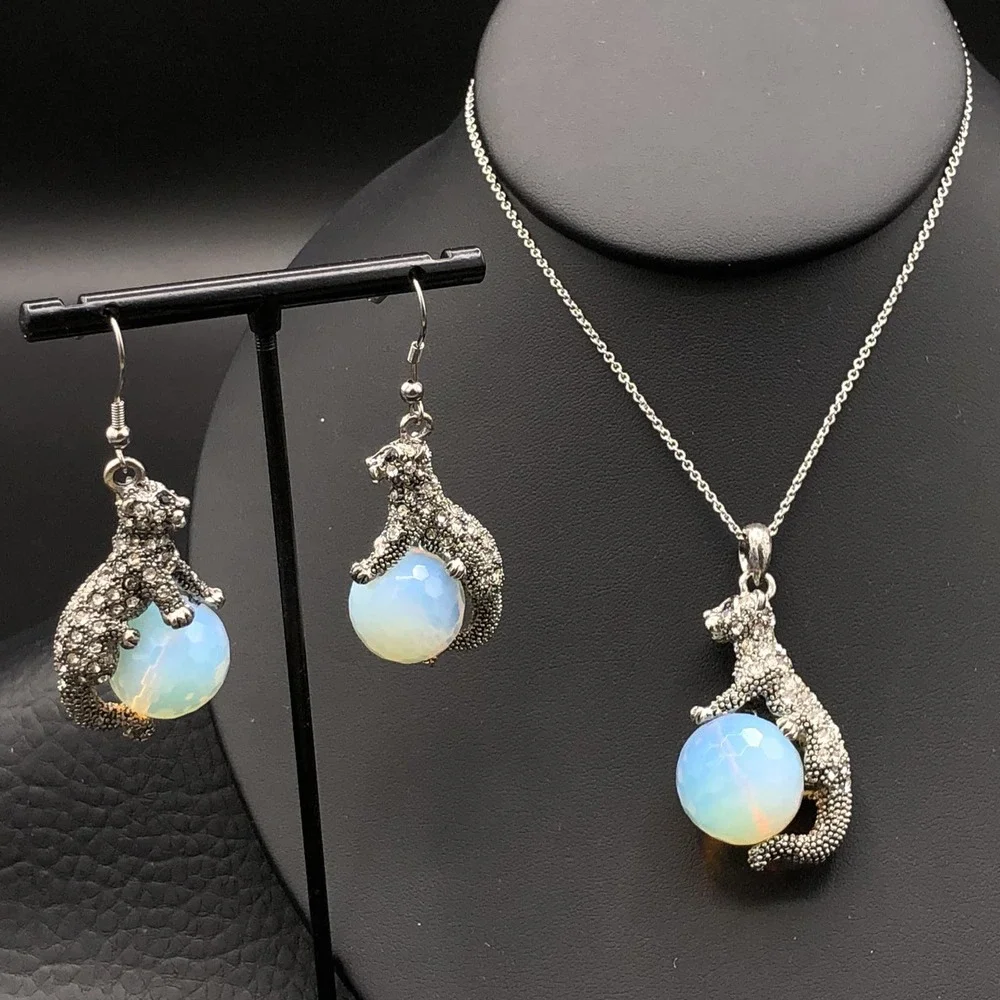 Crystal Cheetah Necklace and Pierced Earrings Set Jaguars Dancing on Glass Balls